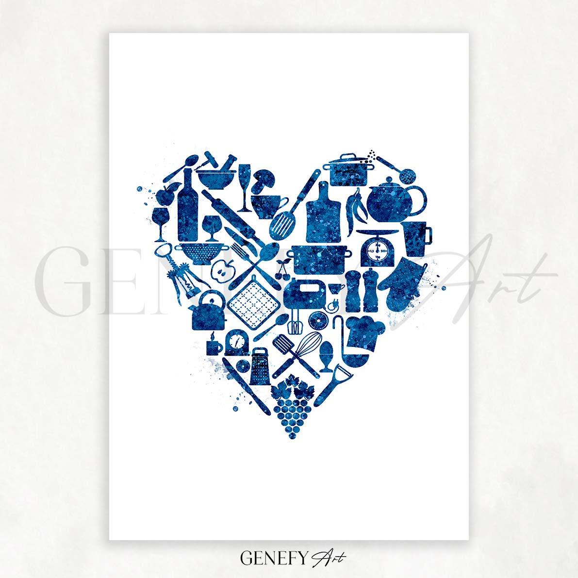 Blue Kitchen Love Watercolour Print - Genefy Art