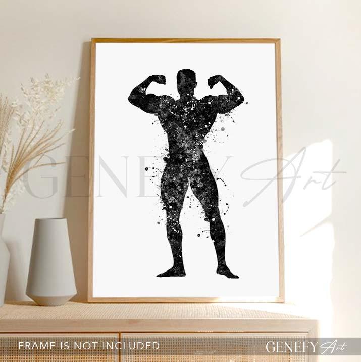Bodybuilder Black and White Watercolour Print - Genefy Art