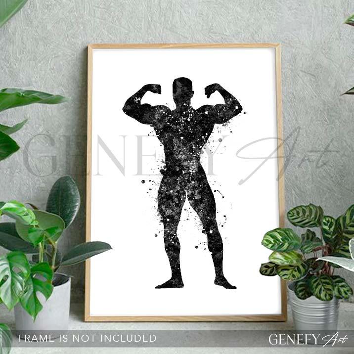 Bodybuilder Black and White Watercolour Print - Genefy Art