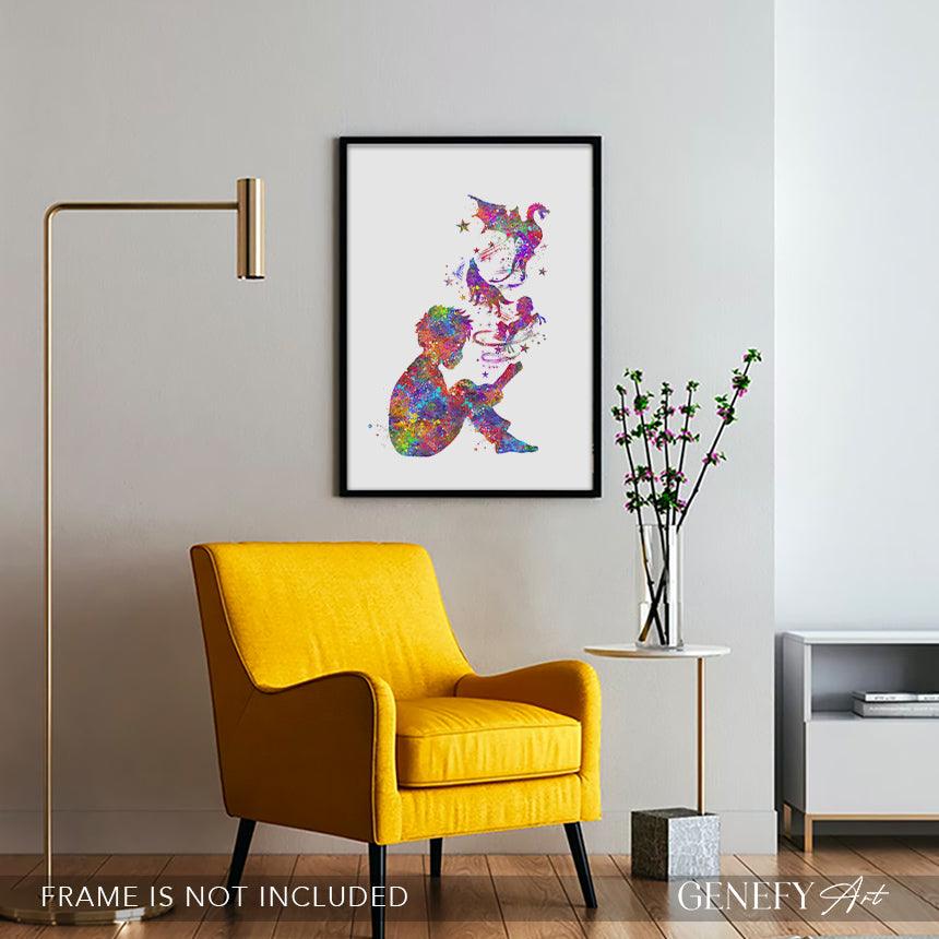 Boy Reading Book Watercolour Print - Genefy Art