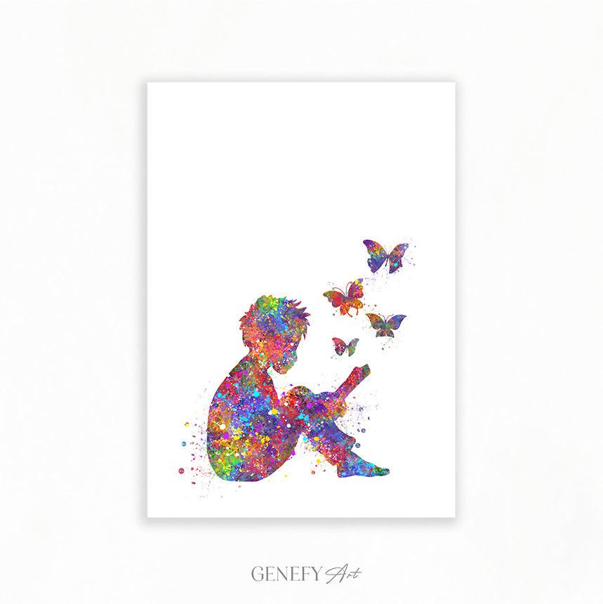 Boy Reading Book Watercolour Print - Genefy Art