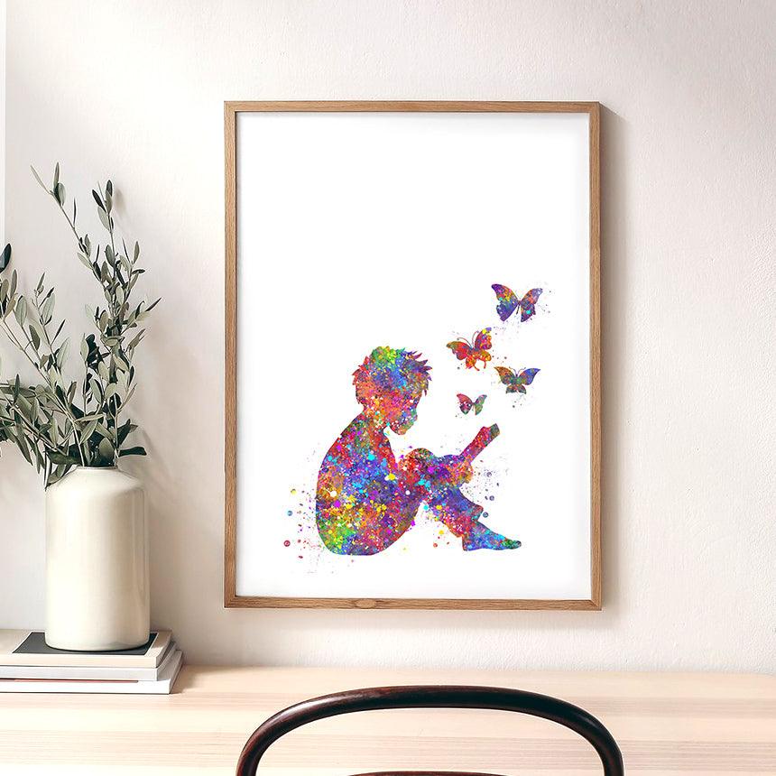 Boy Reading Book Watercolour Print - Genefy Art