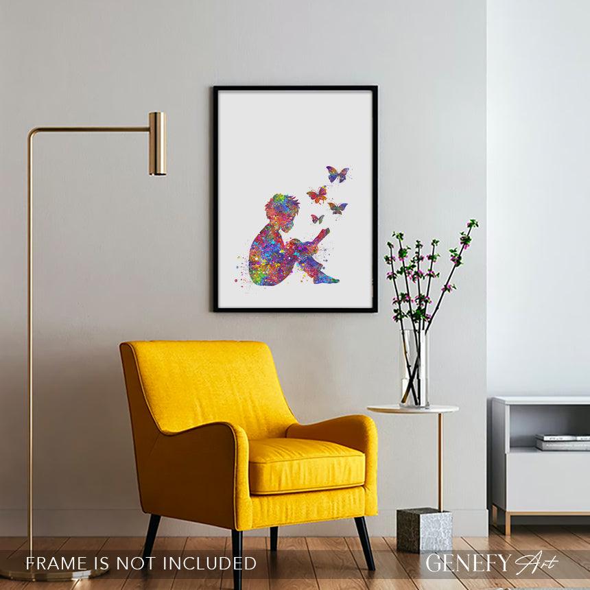Boy Reading Book Watercolour Print - Genefy Art