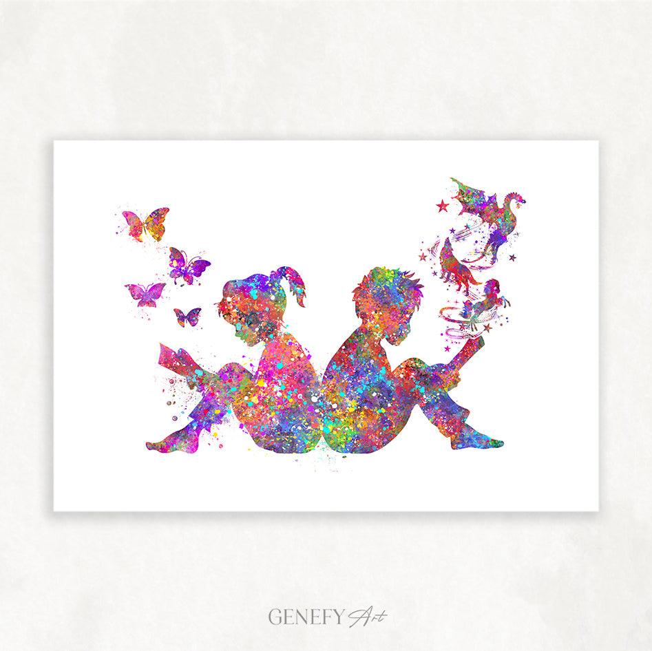 Boy and Girl Reading Book Art Print - Genefy Art