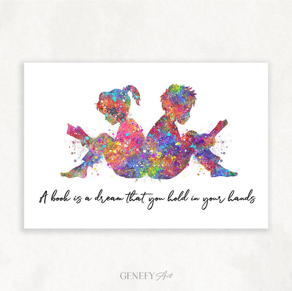 Boy and Girl Reading Book Watercolour Print - Genefy Art