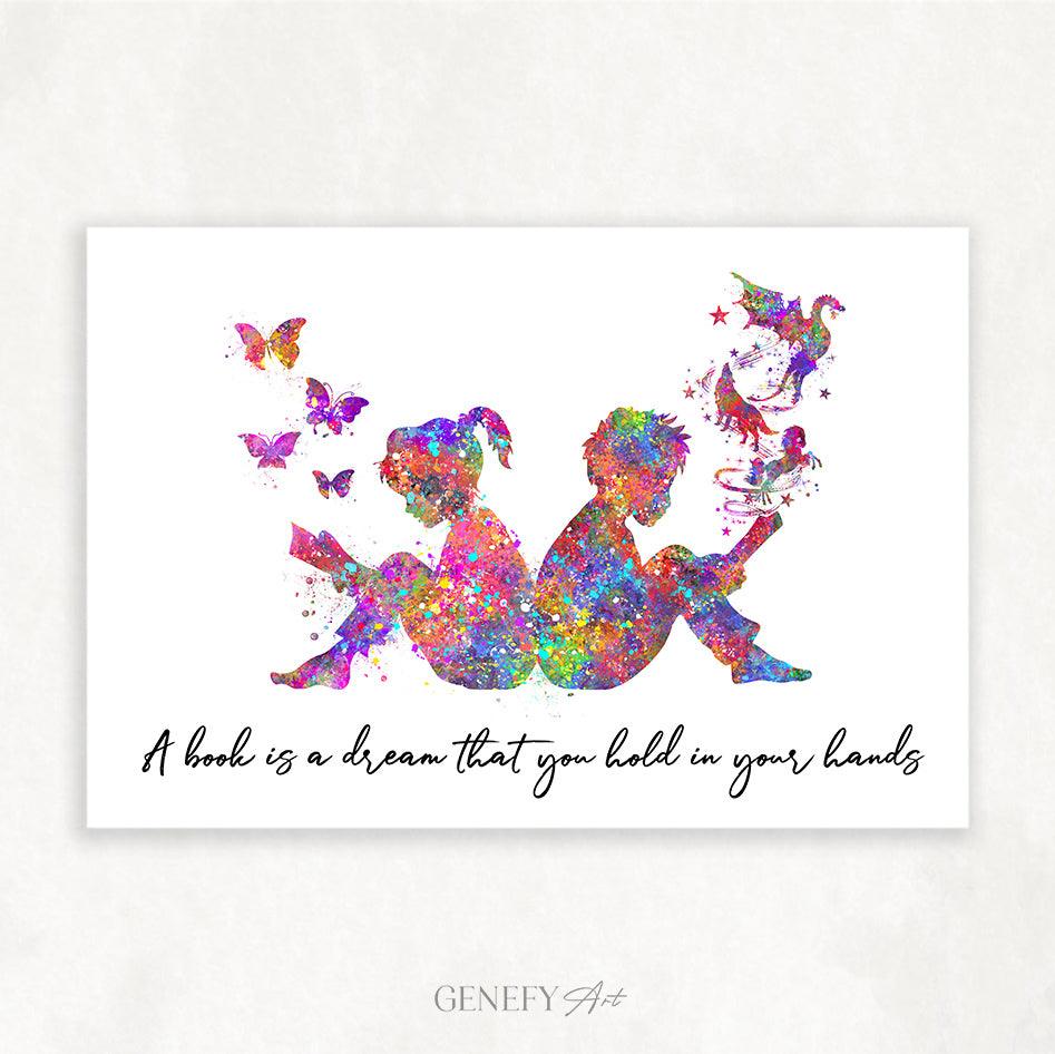 Boy and Girl Reading Book Watercolour Print - Genefy Art