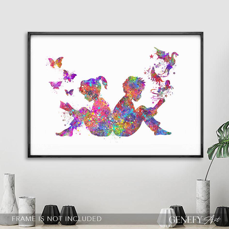Boy and Girl Reading Book Art Print - Genefy Art