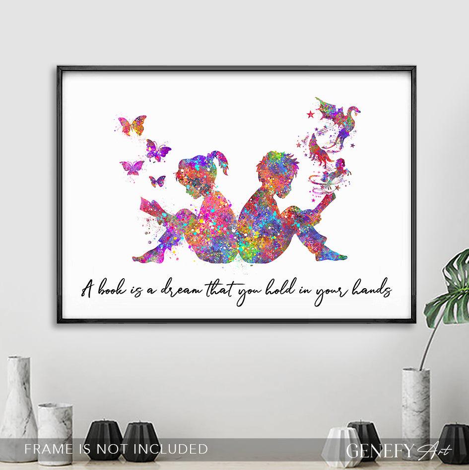 Boy and Girl Reading Book Watercolour Print - Genefy Art
