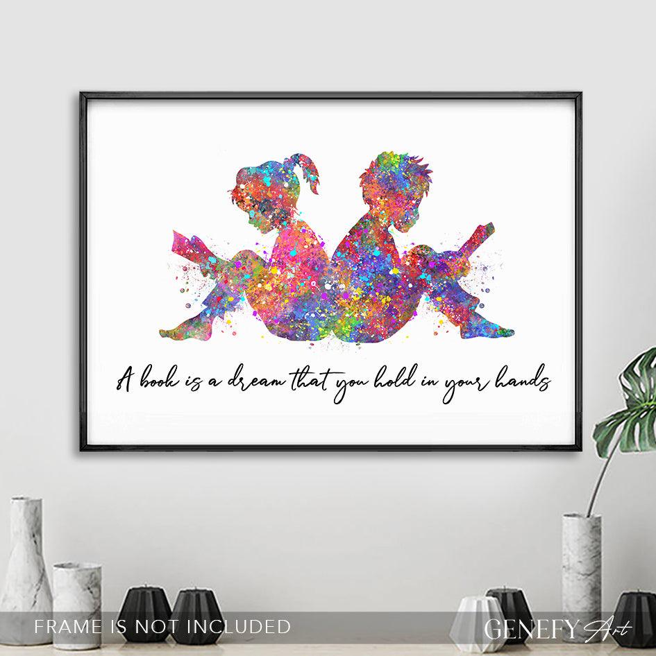 Boy and Girl Reading Book Watercolour Print - Genefy Art