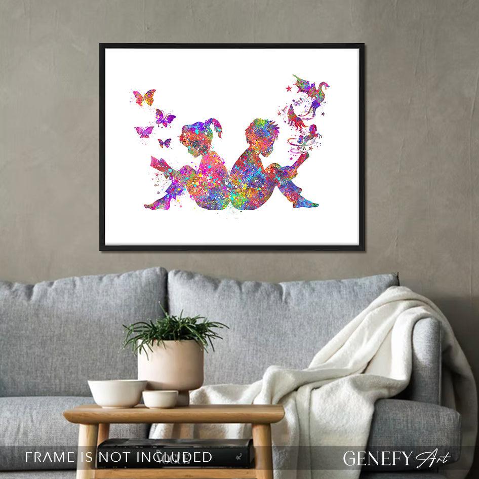 Boy and Girl Reading Book Art Print - Genefy Art