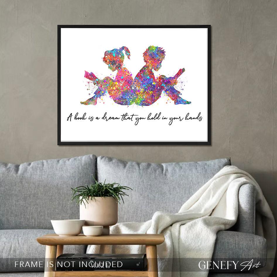 Boy and Girl Reading Book Watercolour Print - Genefy Art