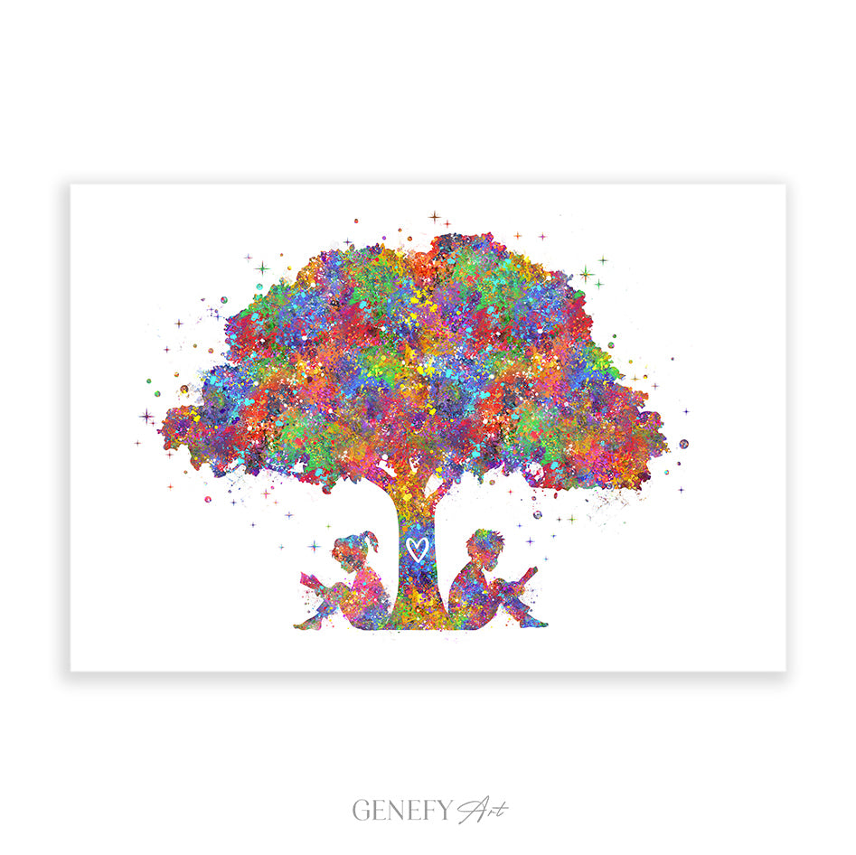 Boy and Girl Reading Book Watercolour Print