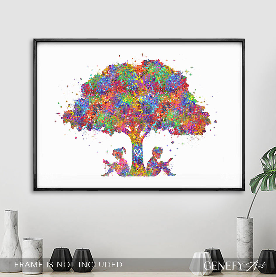 Boy and Girl Reading Book Watercolour Print