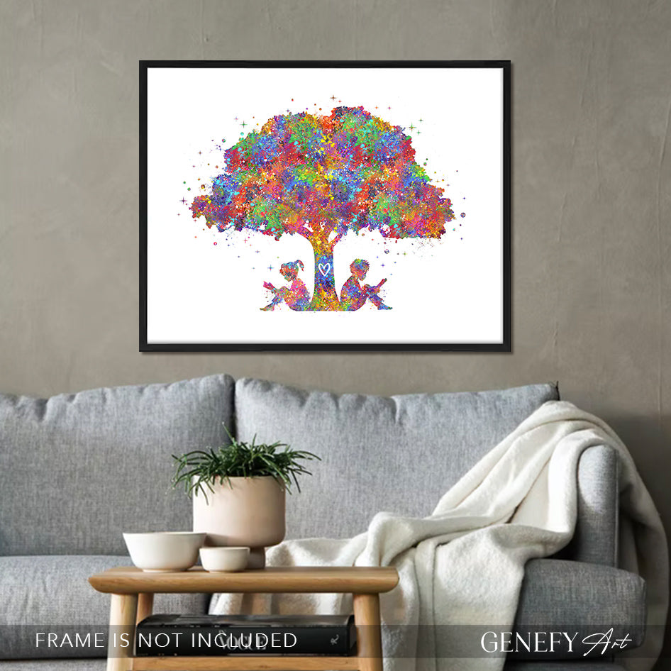 Boy and Girl Reading Book Watercolour Print