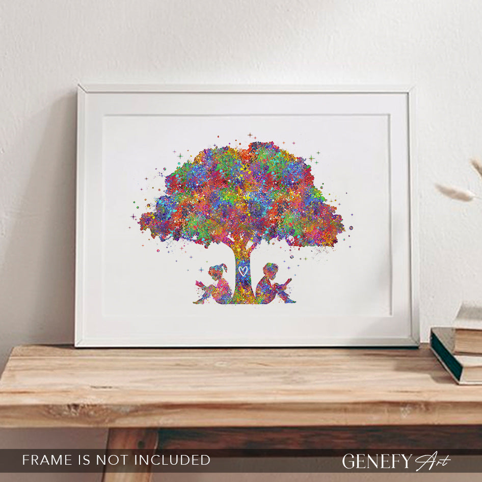 Boy and Girl Reading Book Watercolour Print