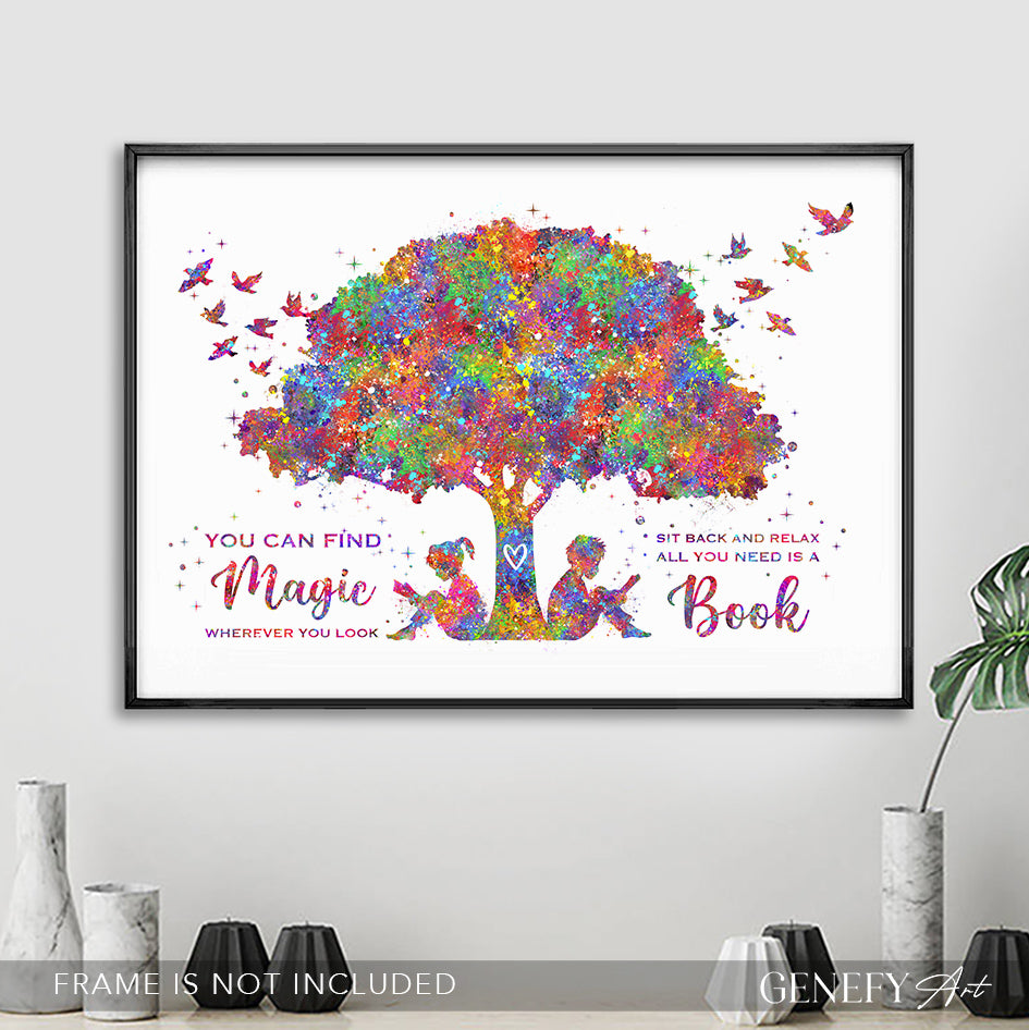 Boy and Girl Reading Book Watercolour Print