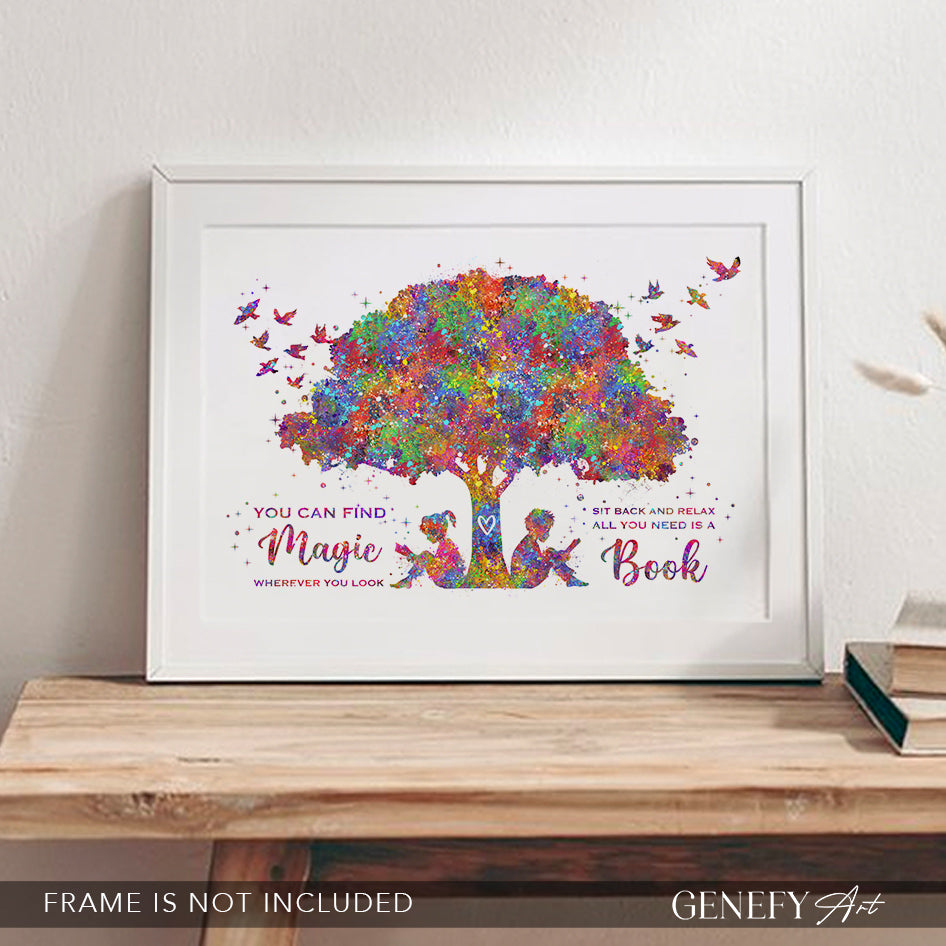 Boy and Girl Reading Book Watercolour Print