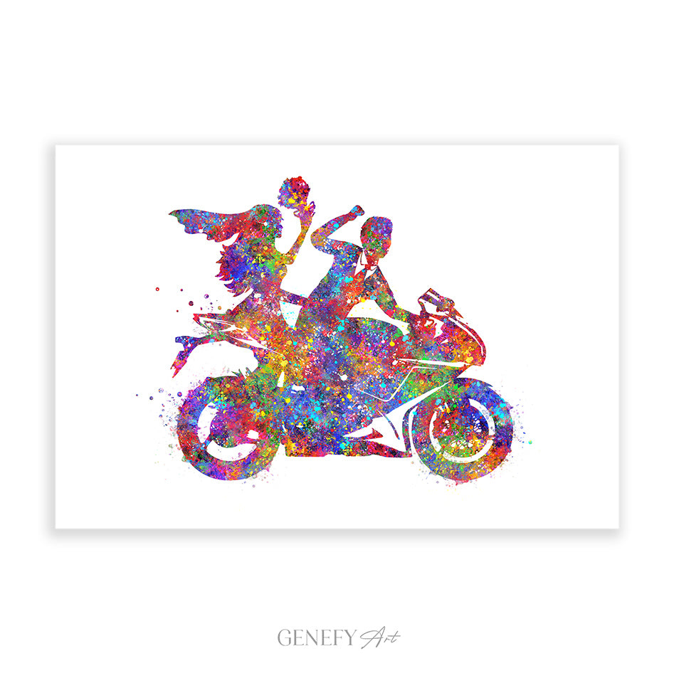 Bride and Groom on Motorbike Watercolour Print