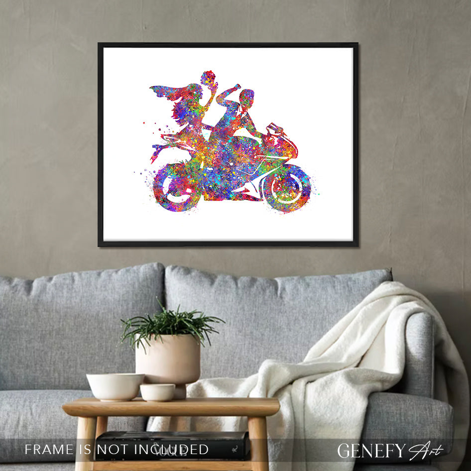 Bride and Groom on Motorbike Watercolour Print