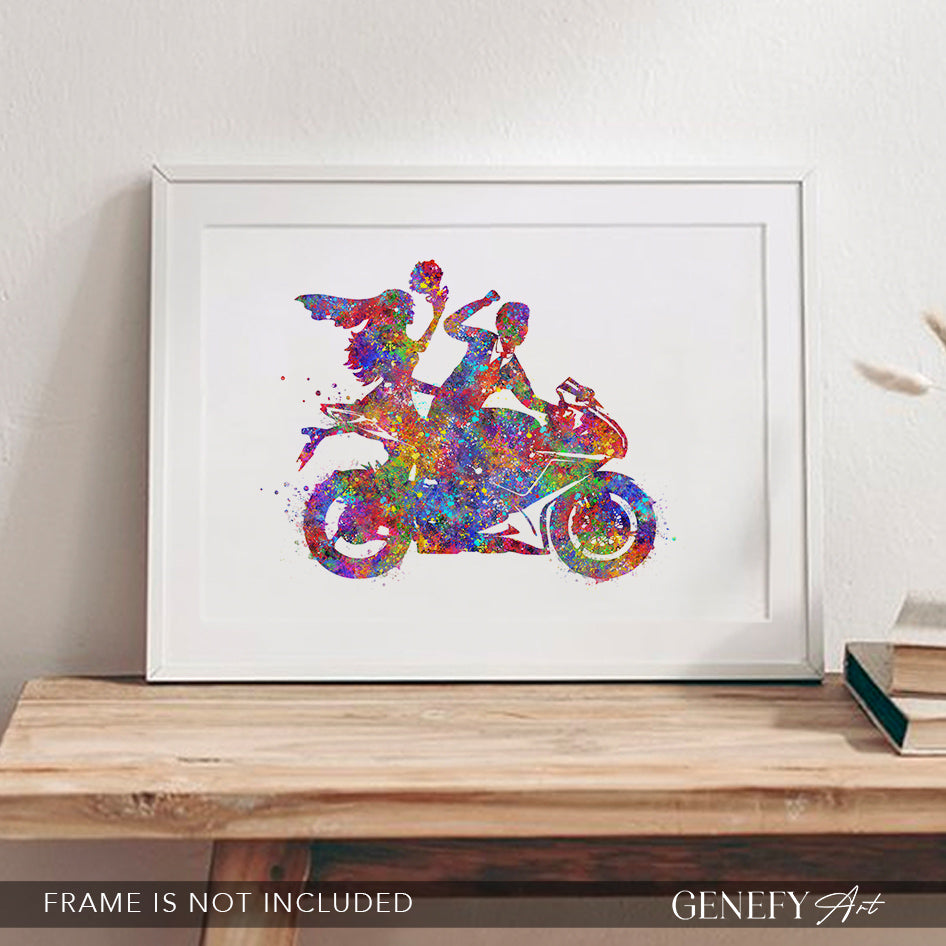Bride and Groom on Motorbike Watercolour Print