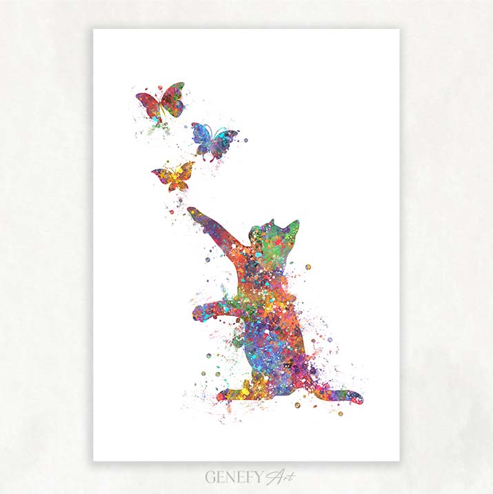 Cat and Butterflies Watercolour Print
