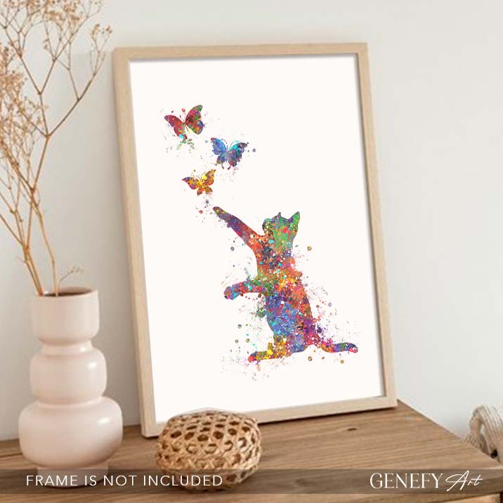 Cat and Butterflies Watercolour Print