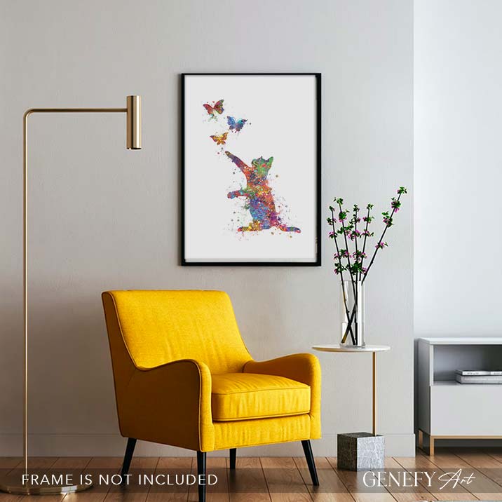 Cat and Butterflies Watercolour Print