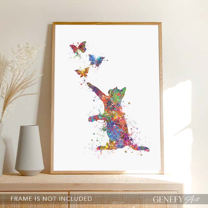 Cat and Butterflies Watercolour Print