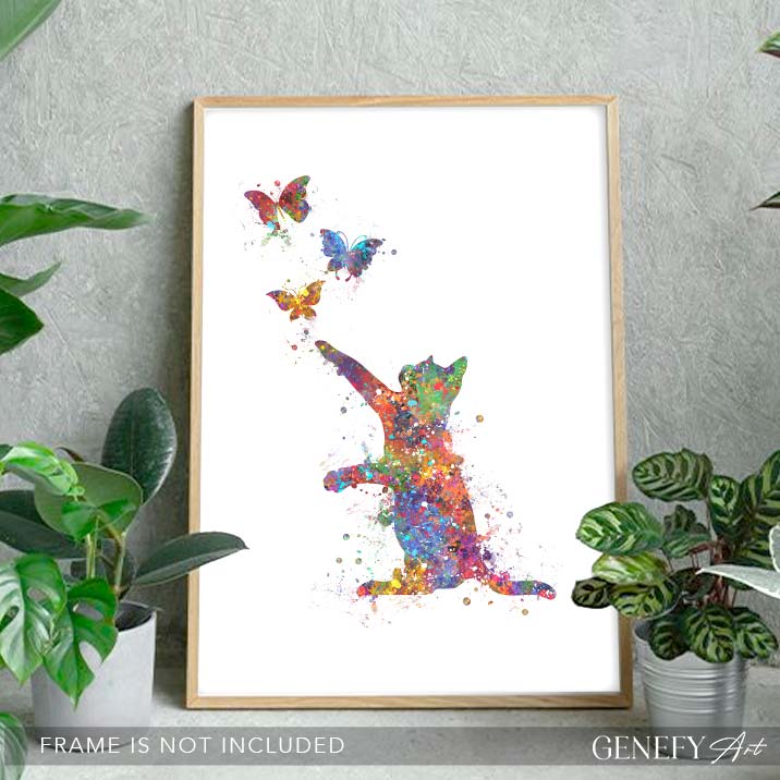 Cat and Butterflies Watercolour Print