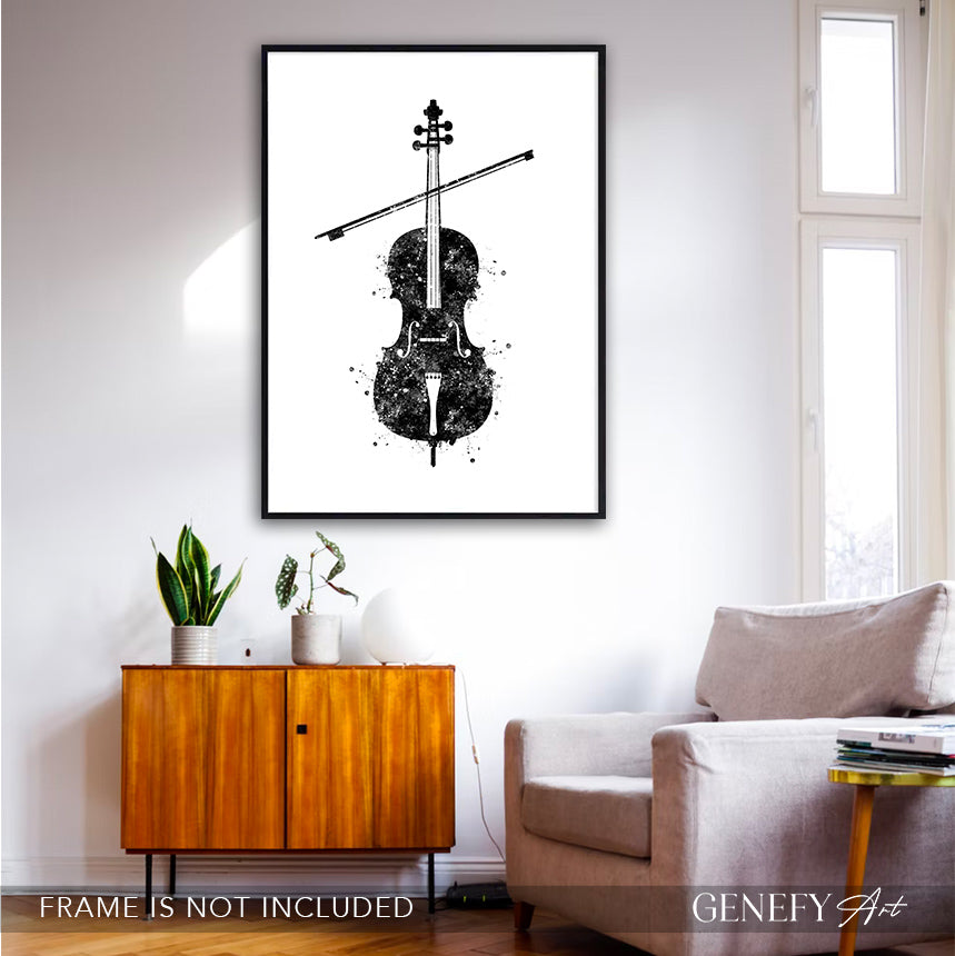 Cello Black and White Watercolour Art