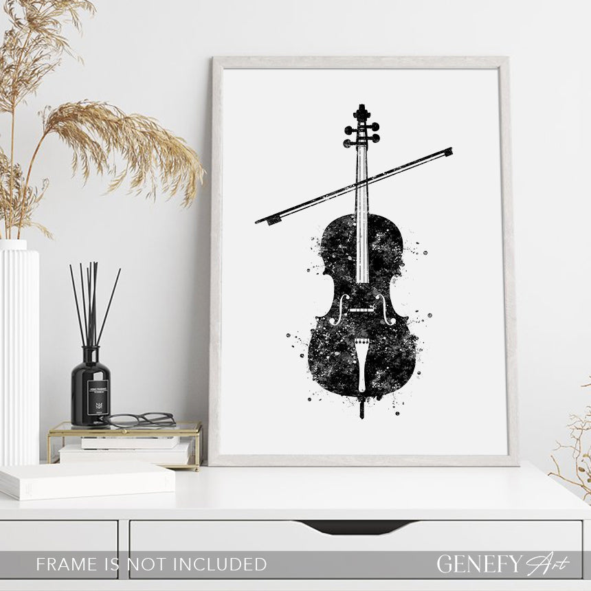 Cello Black and White Watercolour Art