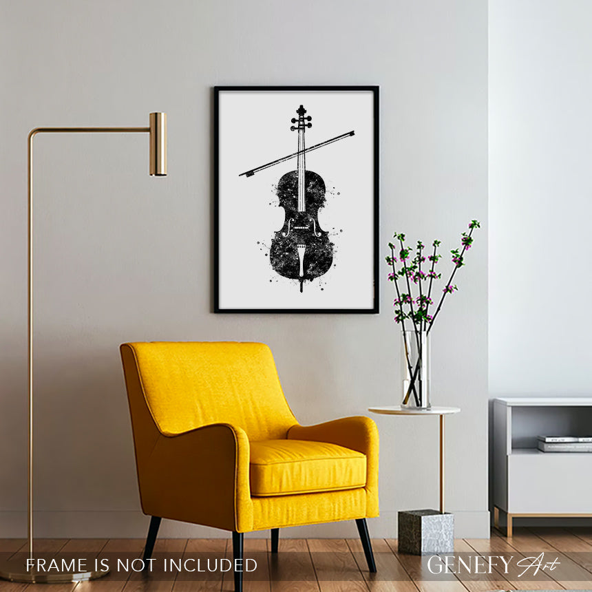 Cello Black and White Watercolour Art