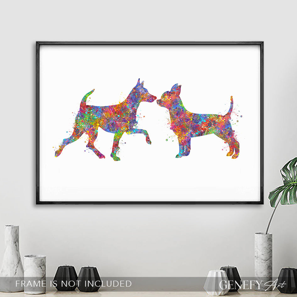 Miniature Pinscher and Chihuahua Couple Watercolour Print