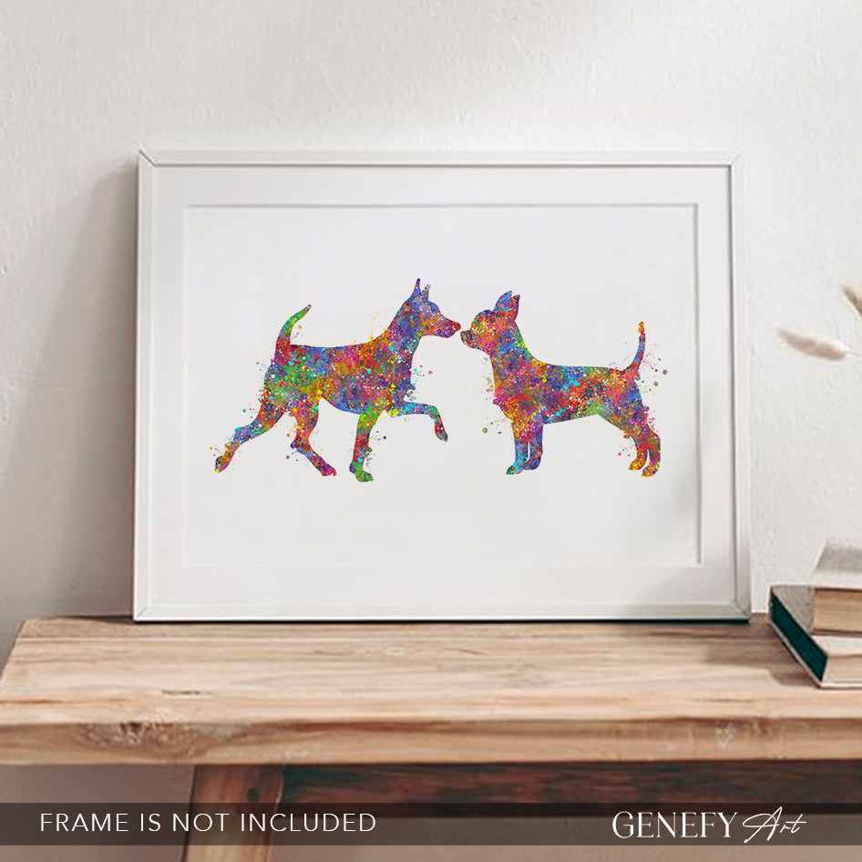 Miniature Pinscher and Chihuahua Couple Watercolour Print