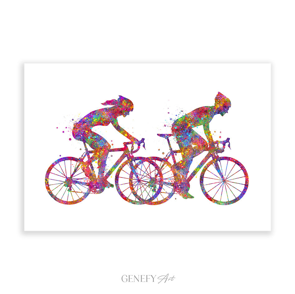 Couple Road Cyclist Watercolour Art Print