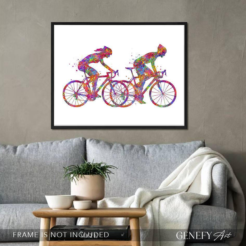 Couple Road Cyclist Watercolour Art Print