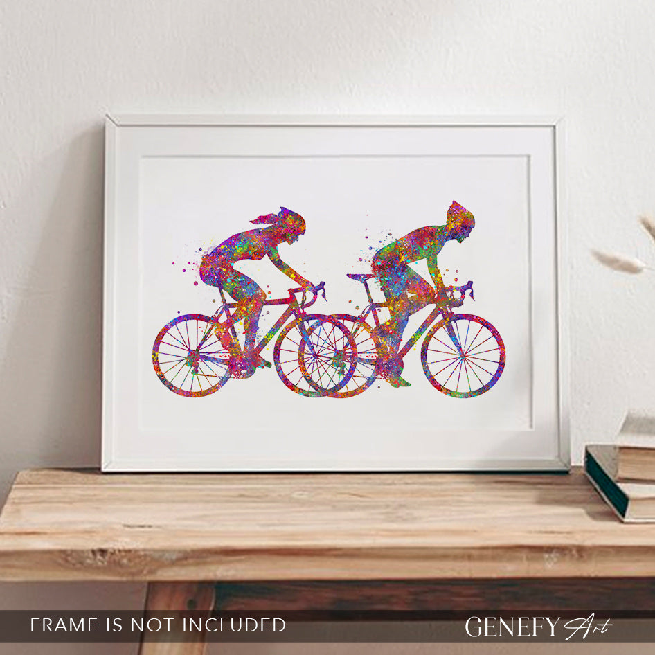 Couple Road Cyclist Watercolour Art Print