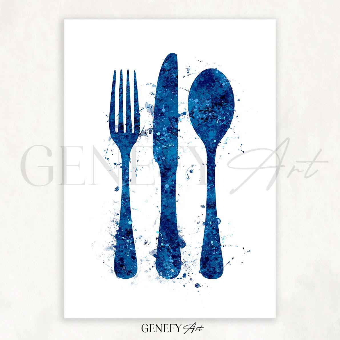 Blue Cutlery Watercolour Kitchen Print - Genefy Art