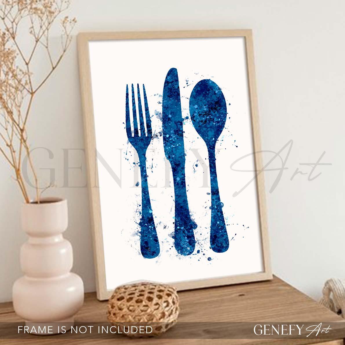 Blue Cutlery Watercolour Kitchen Print - Genefy Art