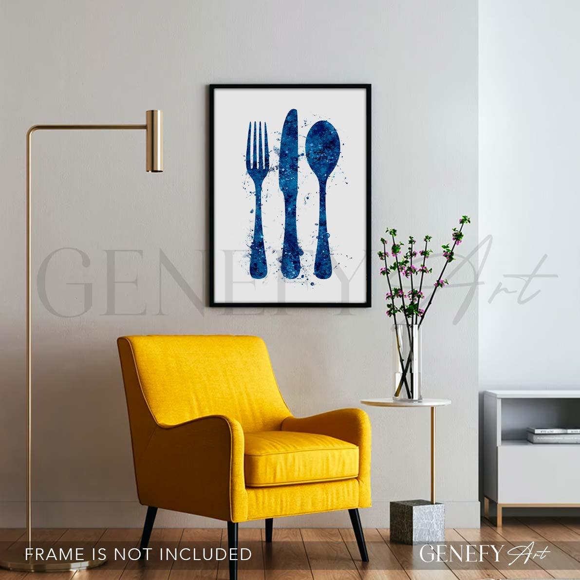 Blue Cutlery Watercolour Kitchen Print - Genefy Art