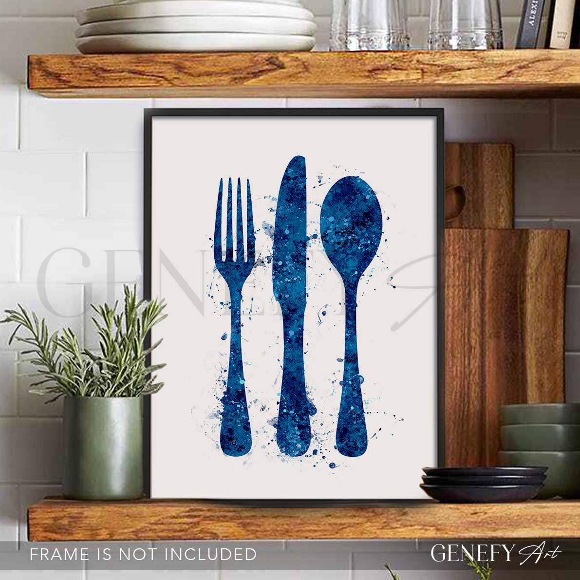 Blue Cutlery Watercolour Kitchen Print - Genefy Art