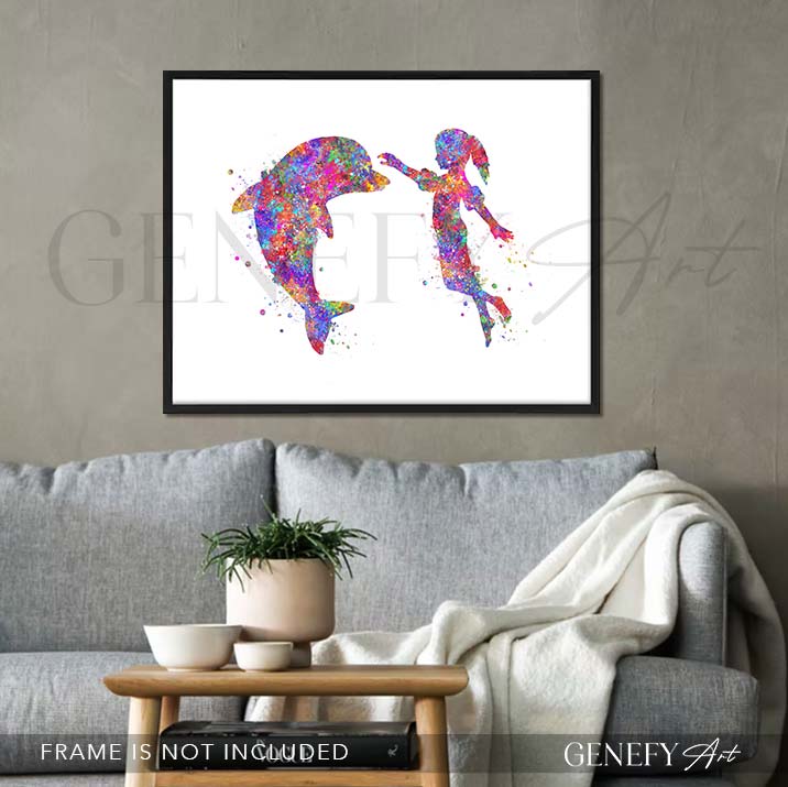 Dolphin and Girl Watercolour Print