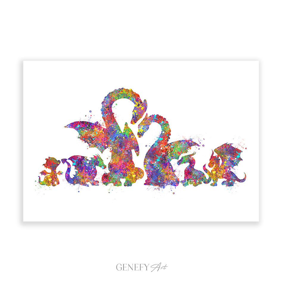 Dragon Family of 6 Watercolour Art Print