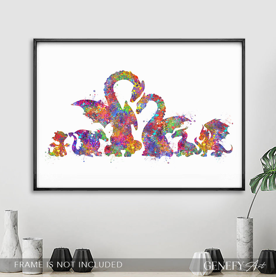 Dragon Family of 6 Watercolour Art Print
