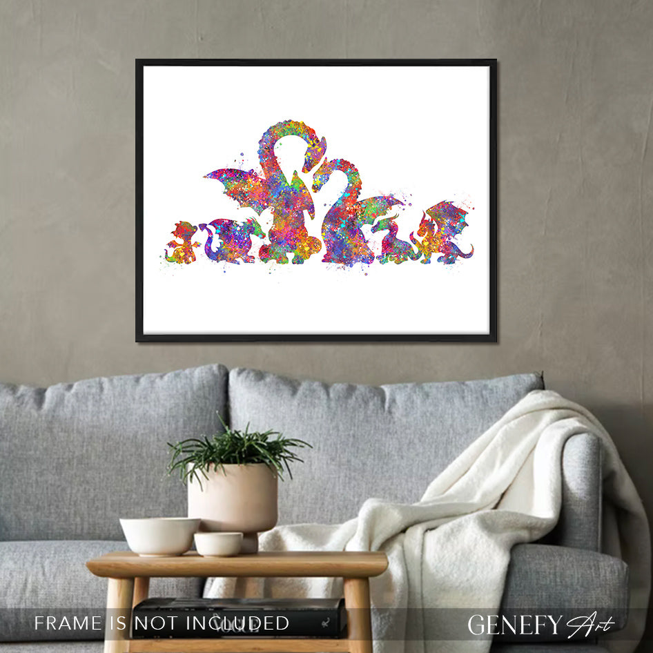 Dragon Family of 6 Watercolour Art Print