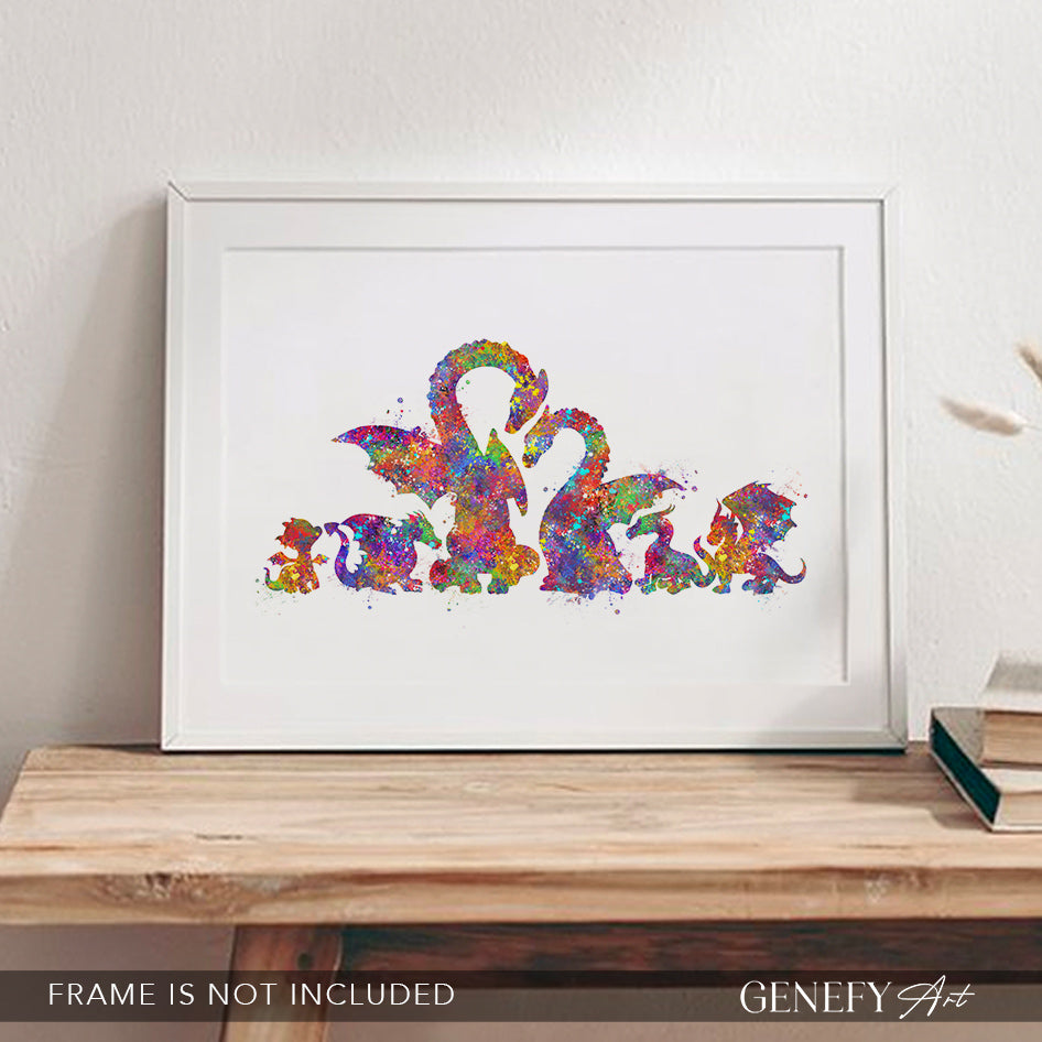 Dragon Family of 6 Watercolour Art Print