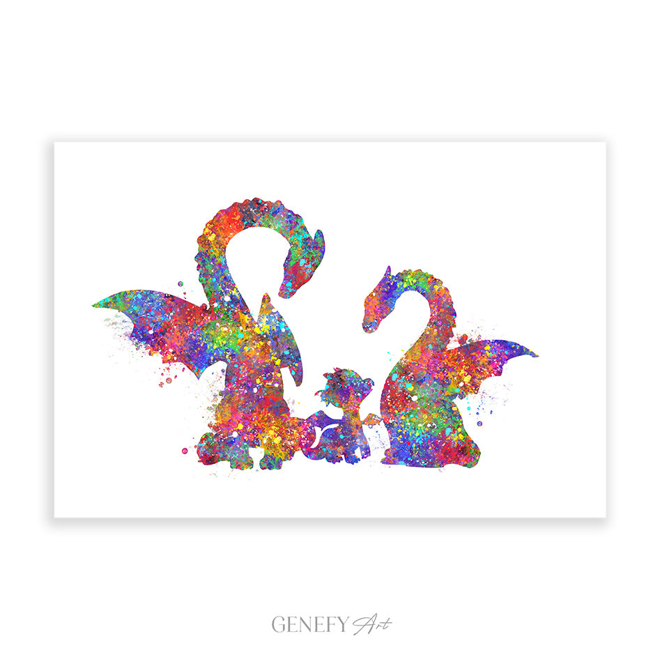 Dragon Family of 3 Watercolour Art Print