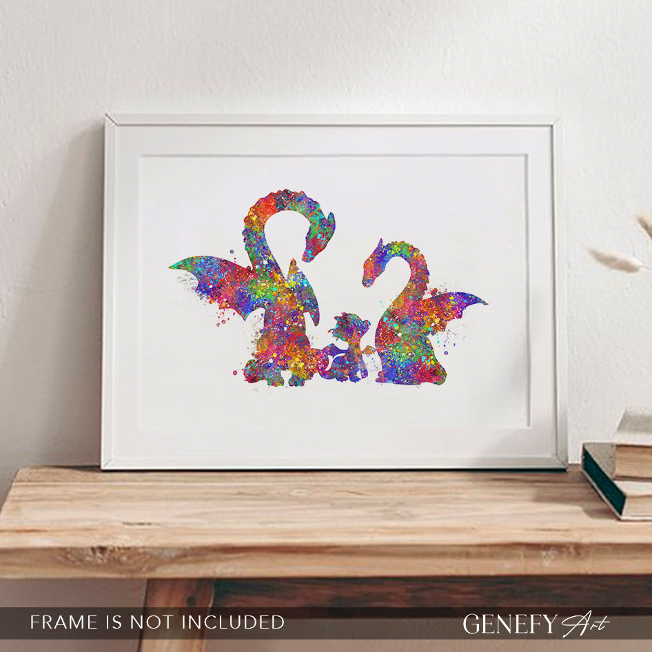 Dragon Family of 3 Watercolour Art Print