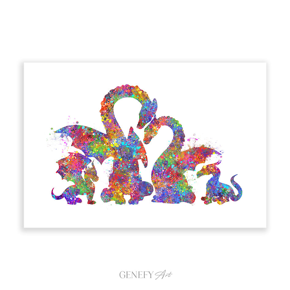 Dragon Family of 4 Watercolour Art Print
