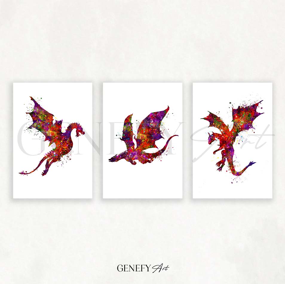 Dragon Watercolour Art - Set of 3 Prints